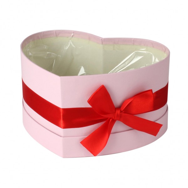 Hutschachtel foliert Herzform rosa mit roter Schleife 15x19x10cm