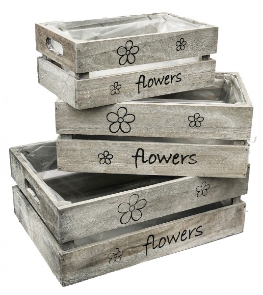 Kisten Holz Flowers 3-Grössen-Mix grey washed